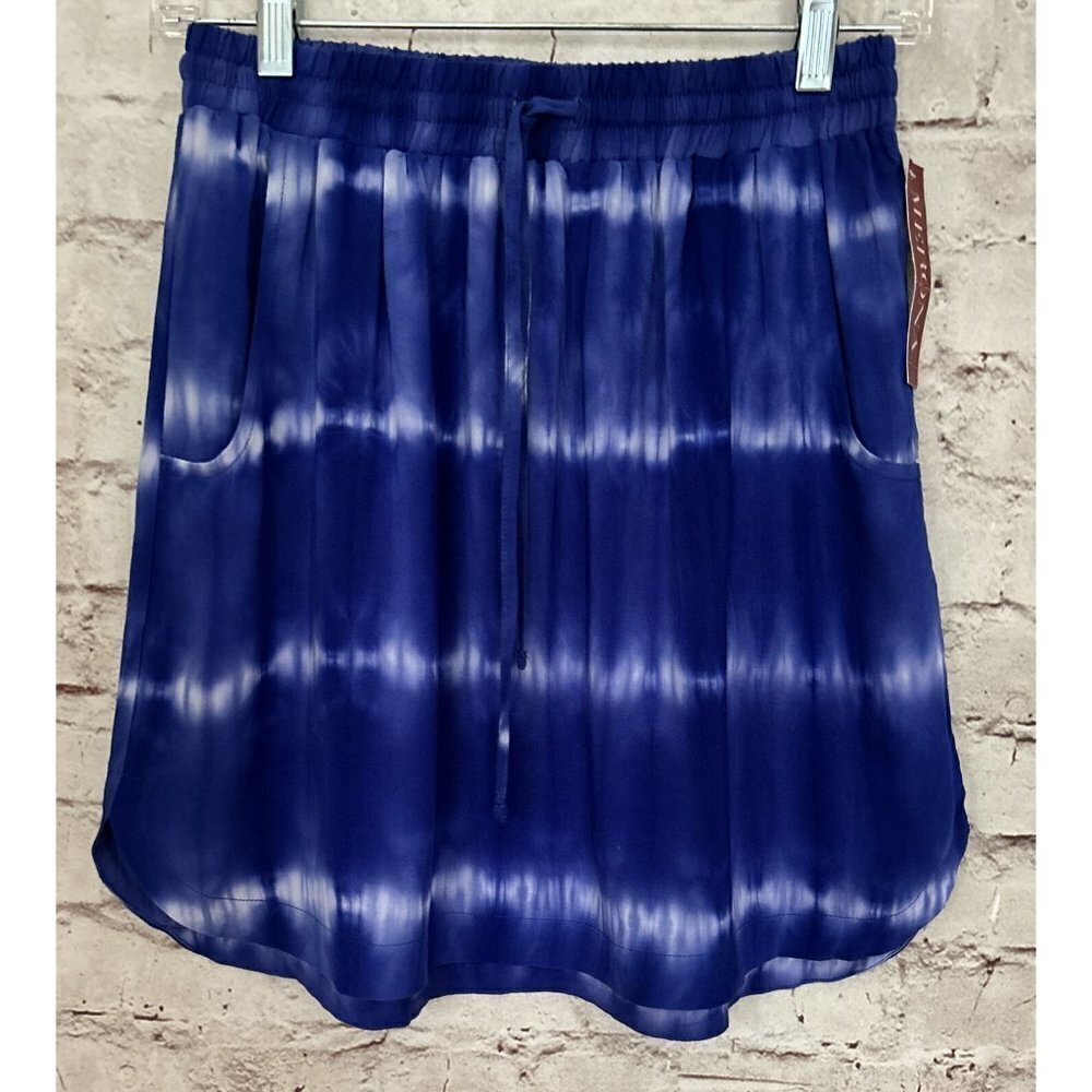 MERONA Womens Blue White Tie Dye Mini Skirt Drawstring Elastic Waist Size S NEW